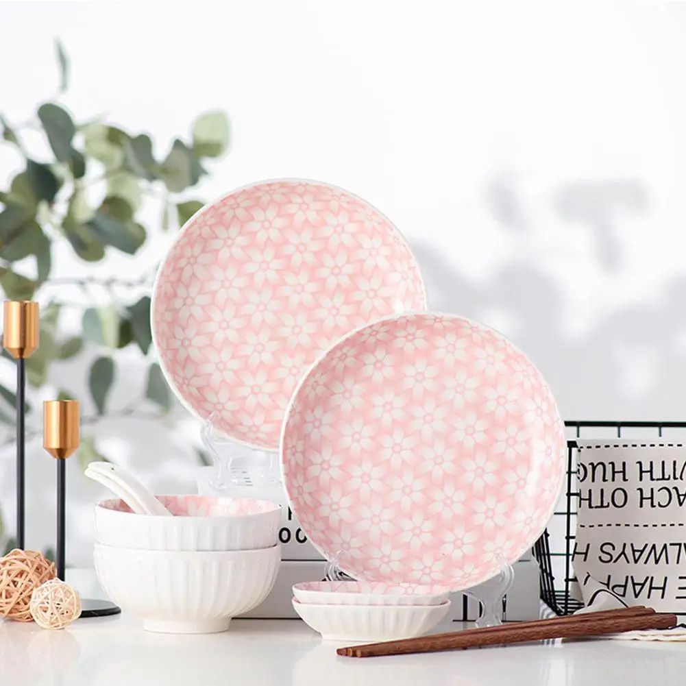

GloryStar 10Pcs/Set Ceramic Tableware Pink Flower Bowl Plate Spoon Dish Chopsticks Dinnerware Set