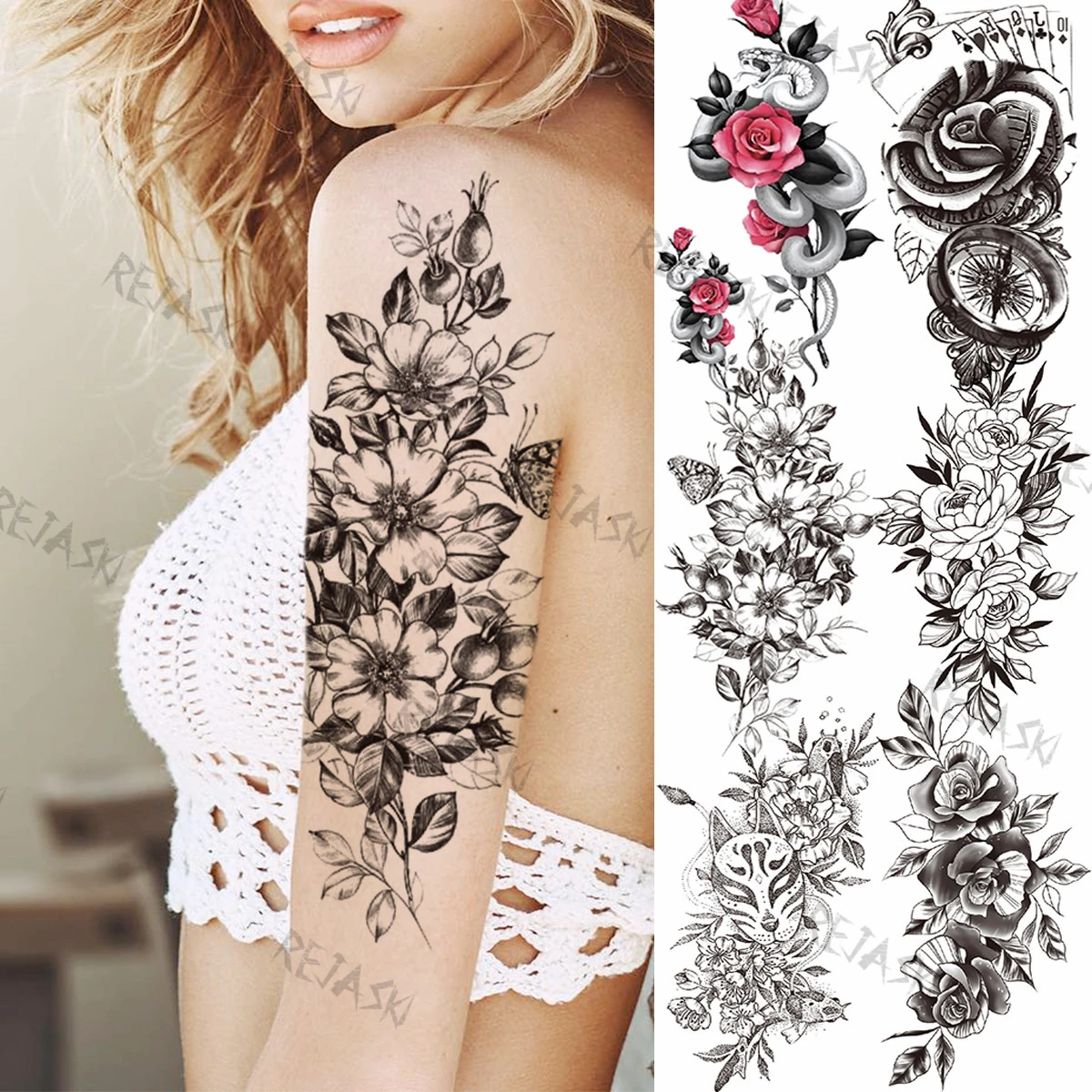 Tatouage Floral Avant Bras Femme Faux tatouage temporaire pour femmes, autocollant sur le brassard et l'avant  bras, motif fleur noire, lys, papillon, Rose, Poker, serpent | AliExpress