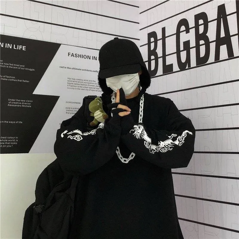 Новая японская версия, крутые футболки с принтом дракона Harajuku, черные футболки в стиле хип-хоп для мужчин и женщин, Весенние футболки с длинным рукавом в стиле пэчворк, свободная футболка