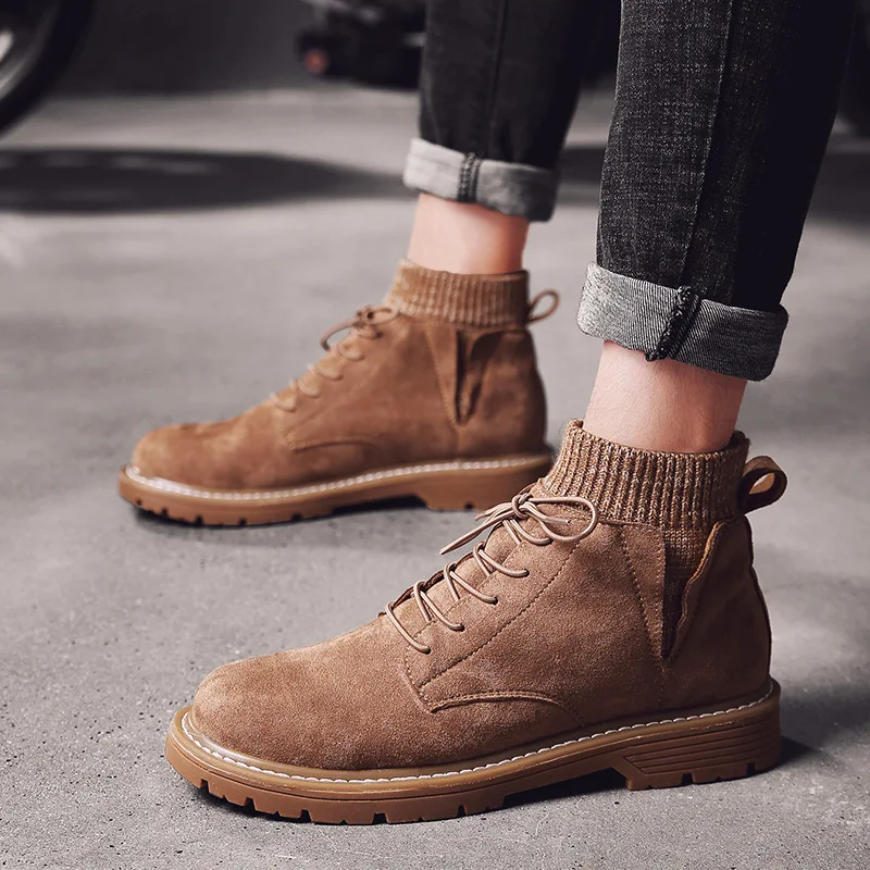 

2019 New Style Men Worker Boot Martin Boots MEN'S SHOES England Short Boots Trend Retro Socks Mouth Hight-top Leather Boots