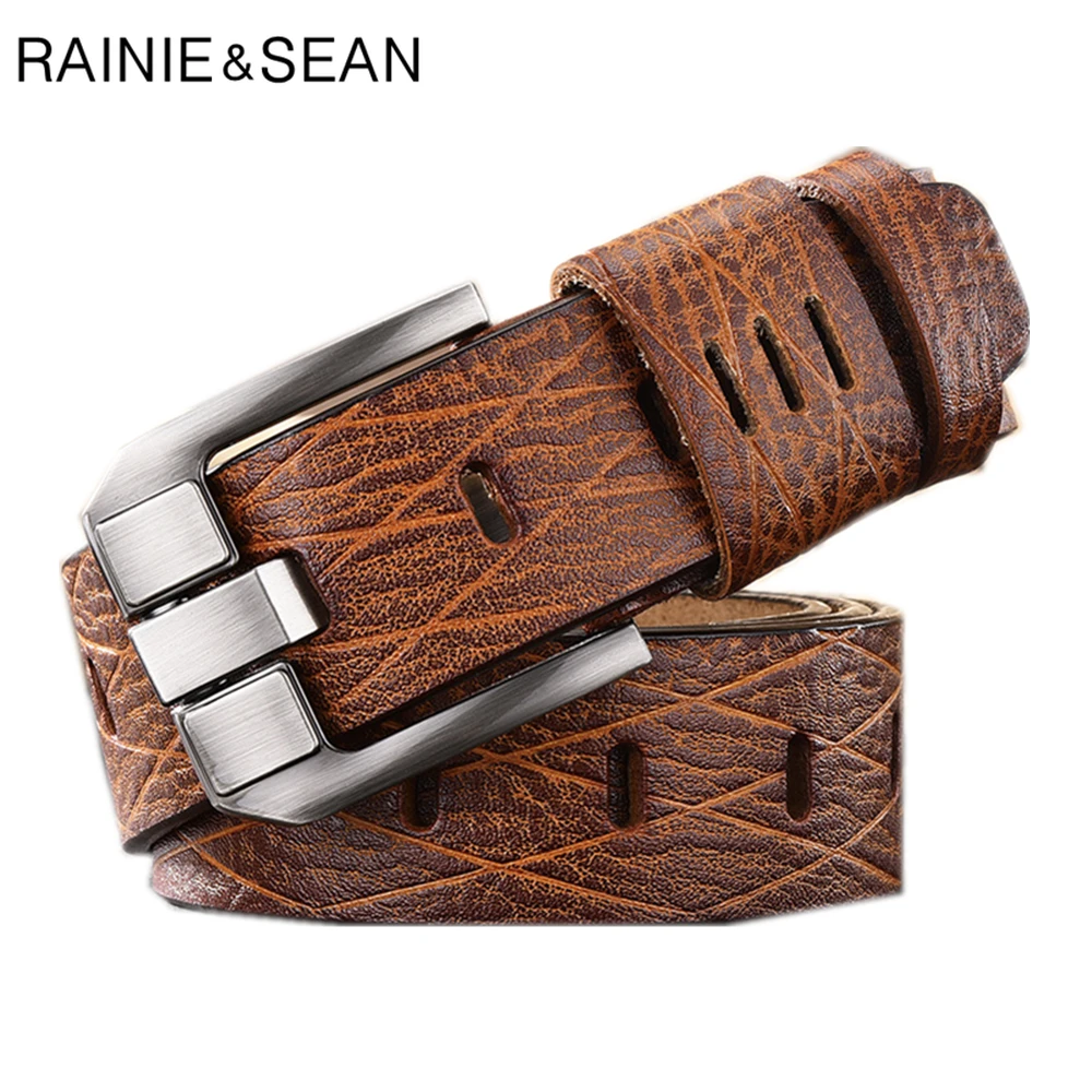 Preise RAINIE SEAN Echtem Leder Gürtel Männlichen Pin Schnalle Vintage Männer Casual Hohe Qualität Gürtel Schwarz Braun Herren Hosen Gürtel