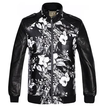 

Mens Faux PU Leather Jacket Coat Fashion Floral Print Soft Male Basic Thick Jackets Outwear Motorcycle Brand Clothing Plus Size