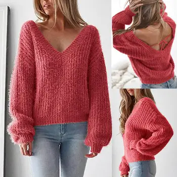 

Autumn Winter Women's Sweaters V-Neck Minimalist Fashionable Korean Style Knitting Casual Sexy Loose Knitted Sweater