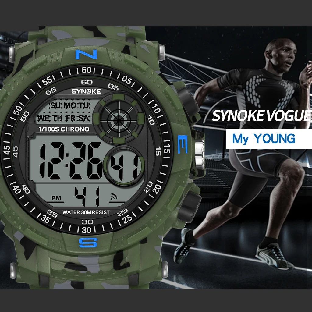 SYNOKE спортивные военные мужские цифровые часы камуфляж задняя подсветка водонепроницаемый ударопрочный relogio masculino цифровой секундомер