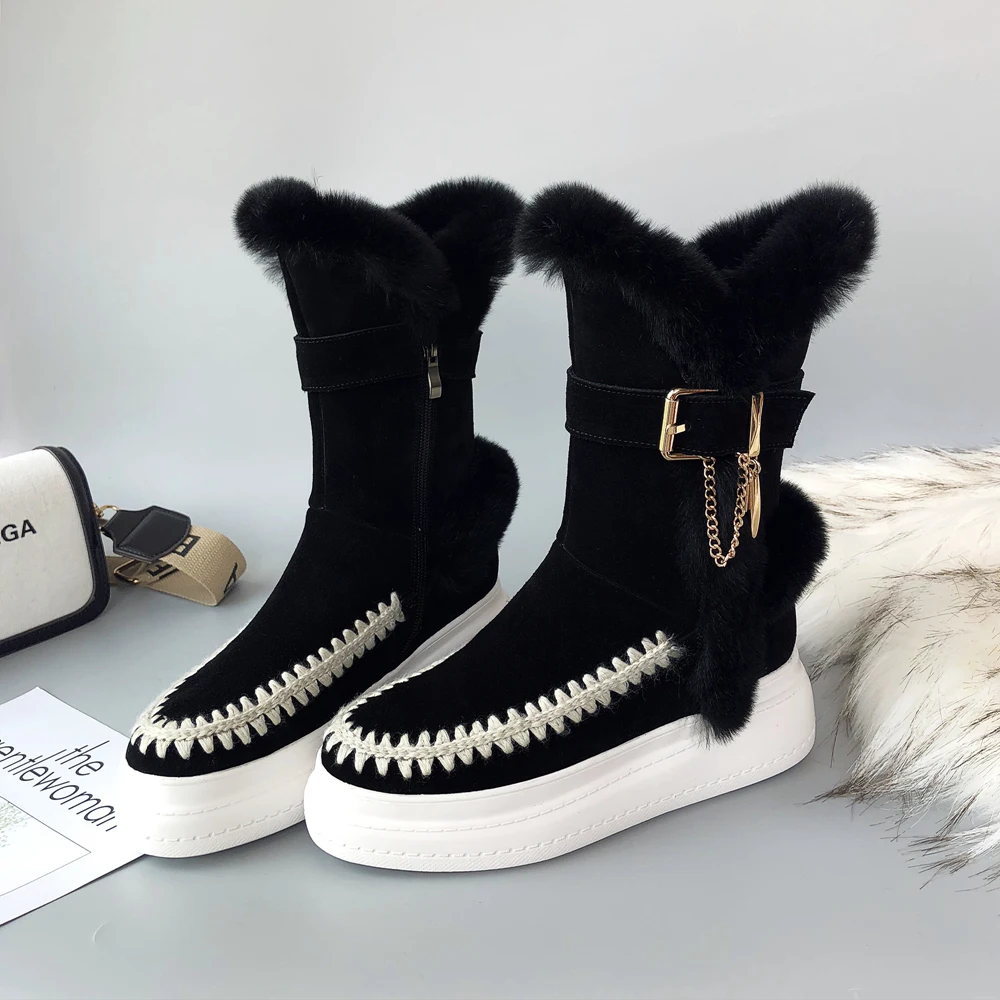 black Женские зимние сапоги до середины икры из натуральной коровьей замши; Модные женские зимние сапоги на холодную погоду с металлической пряжкой и цепочкой; обувь высокого качества - Цвет: black