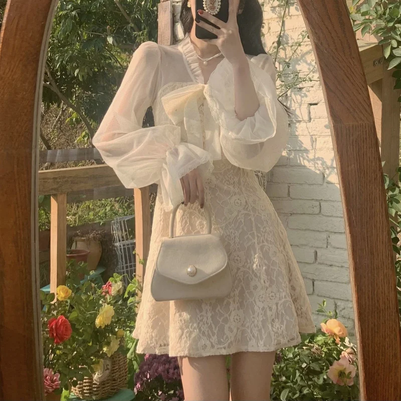 Summer Lace Floral Fairy Puff Sleeve Fluffy Retro Mini Korean Slim Fit Cute Party Dress