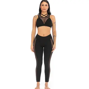 

New Shoulder Female Solid color Mesh Cross Thin Strap Openwork Fitness Sports No Steel Ring Bra Pants Suit Breathable Set