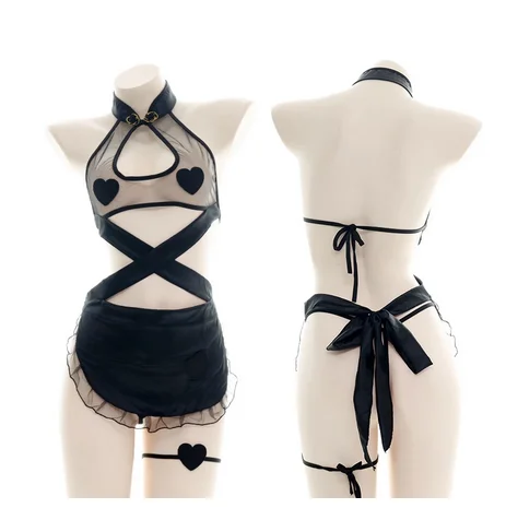 

Japanese Cosplay Black Backless Jumpsuit Nightdress Sweet Maid Sleepwear Translucent Cheongsam Apron Loving Lace Pajamas Sexy