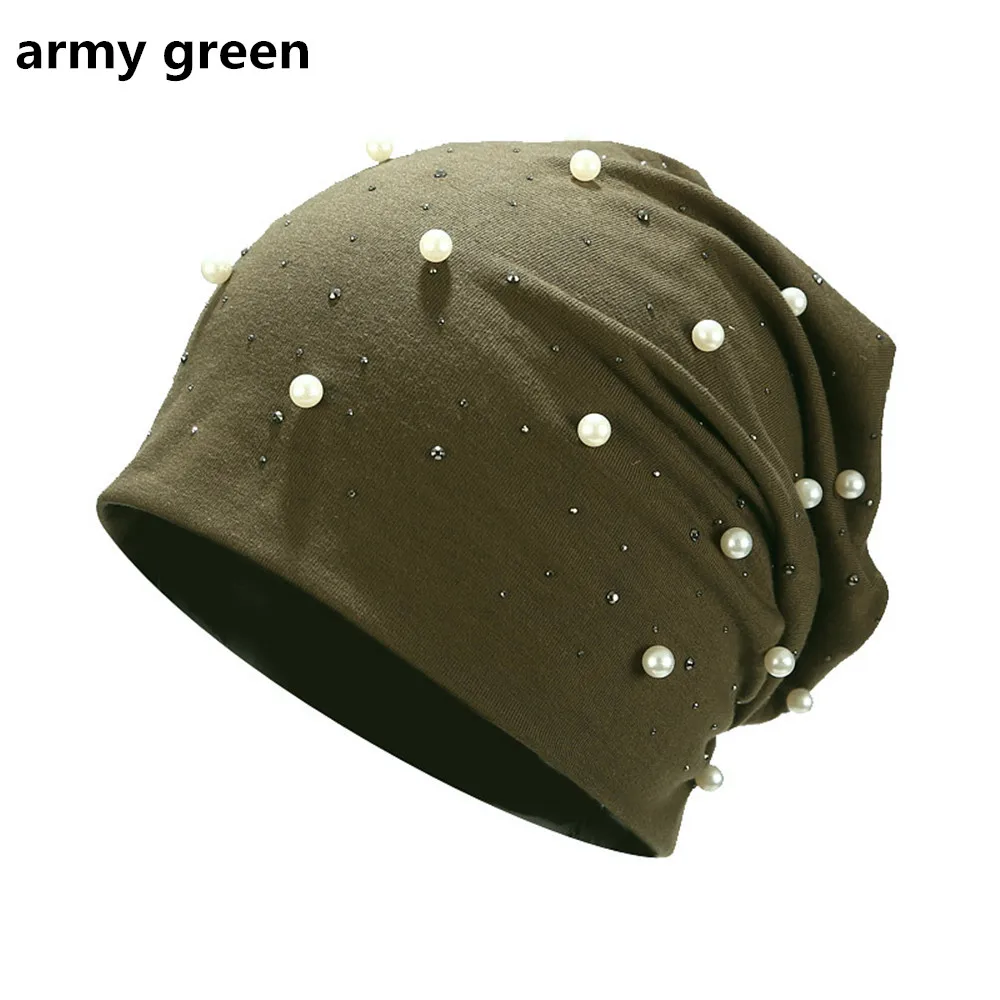 army green 1 шт. модная Женская Удобная шапочка, блестящие стразы, жемчуг, хлопок, рукав, кепка, повседневная мягкая одежда, аксессуары - Цвет: army green