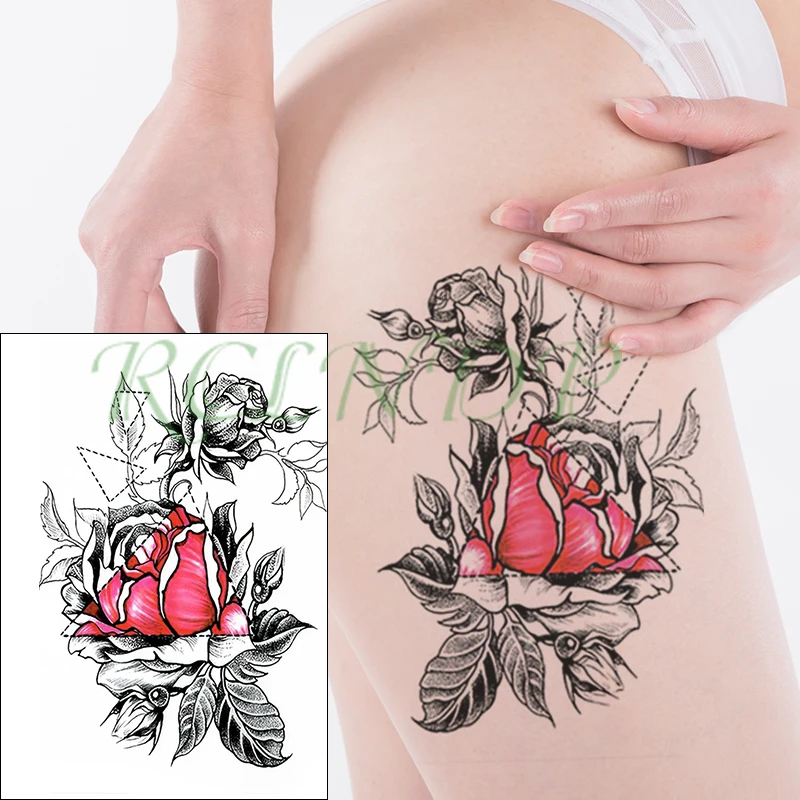 Waterproof Temporary Tattoo Sticker red rose flower leaf geometric triangle tattoos Fake Tatto Flash Tatoo for Girl Women Men