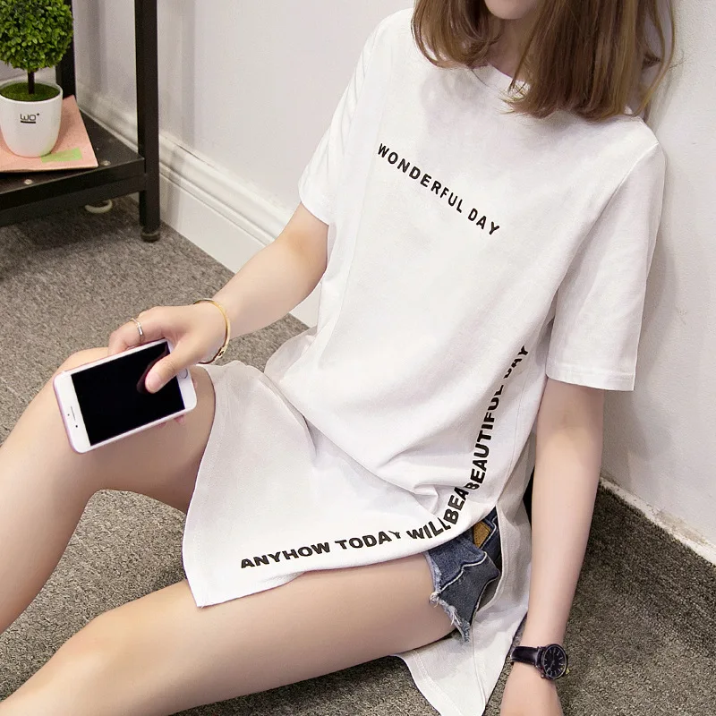 New Style WONDERFUL DAY Print Long T shirts Summer Women Loose Slit Femme Tops Cotton Tshirt Short sleeve Ladies t-shirt | Женская