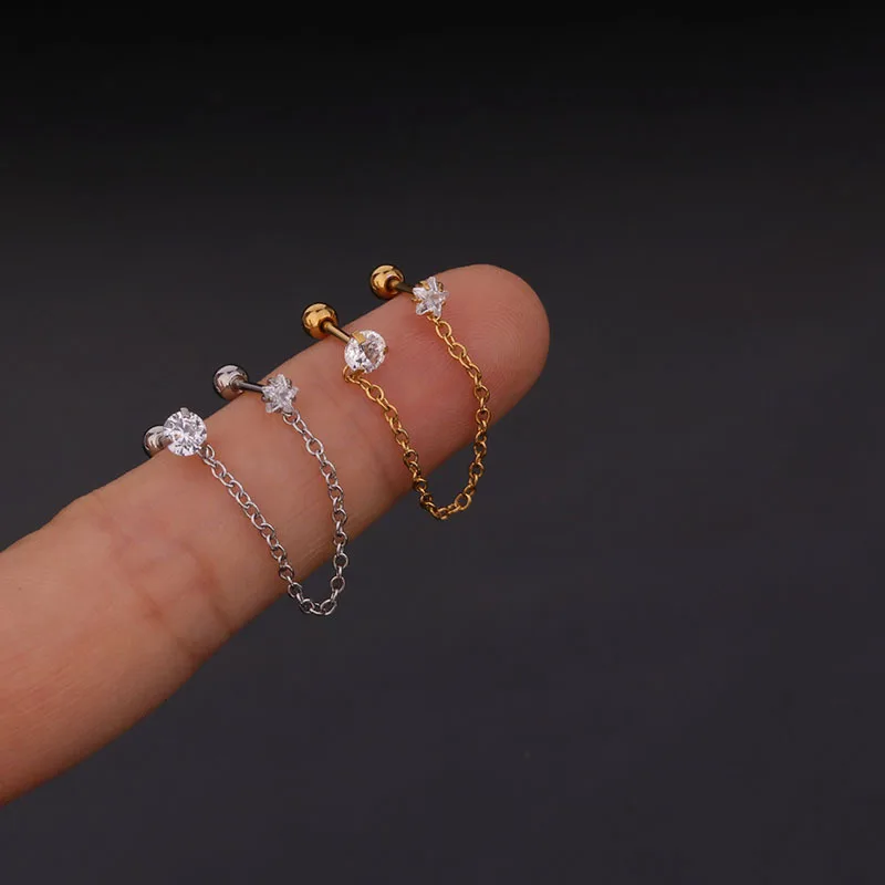 1Pc 1.2*6mm 5 Shape Zircon Gem Tassel Earrings Helix Piercing Tragus Piercing Oreja Nose Ring Ear Piercing Body Jewelry Women