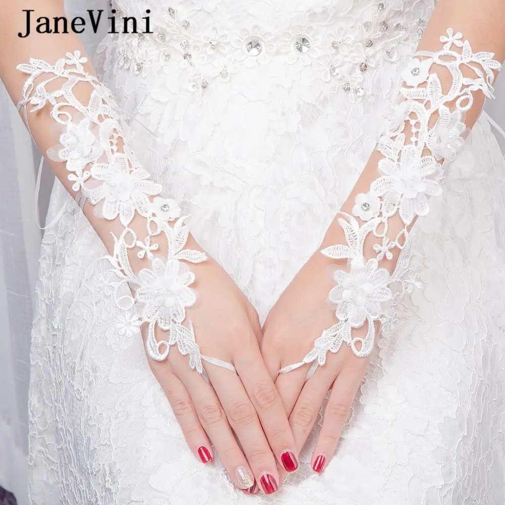 

JaneVini 2019 Romantic White Bridal Lace Gloves Fingerless Appliques Beaded Opera Length Long Gloves Women Wedding Accessories