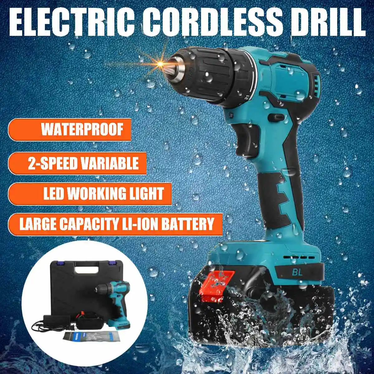 

48V Cordless Electric Impact Drill 150Nm Torque Driver Kit Screwdriver Brushless LED Power Tools 6500mAh Battery