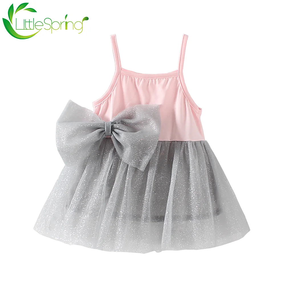 LittleSpring платье для маленьких девочек без рукавов с бантом серое шифоновое