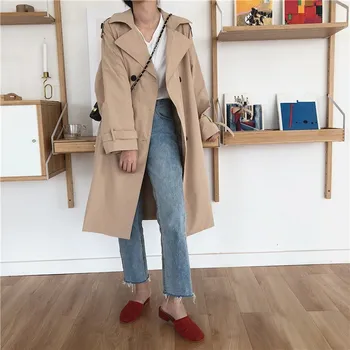 

Women 2019 Autumn Turn-down Collar Long Trench Fashion Vintage Loose Trench Coat Female Khaki Red Casual Outwear