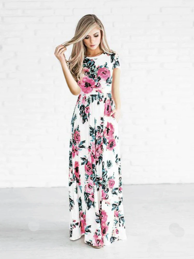Autumn summer women dress Long short sleeve maxi dress women floor length white print floral ladies casual dress vestidos LD718 (13)