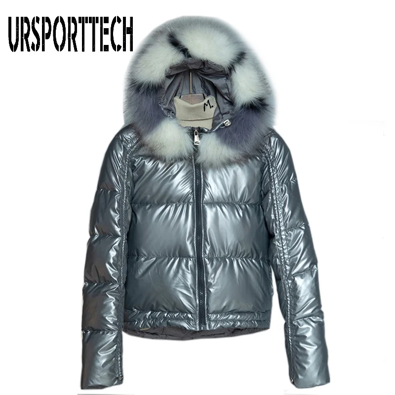 Gray URSPORTTECH Winter Jacket Women Parka Fur Collar Glossy Puffer Jacket Winter Coat Women Plus Size Cotton Padded Jackets Outwear - Color: Gray