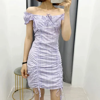 

Women Causal Off Shoulder Pencil Dress 2020 Summer Plaid Drawstring Vintage Beach Party Sundress Slim Bodycon Mini Dress
