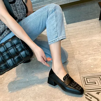 

Kickway Plus Size 34-43 Women Dress Shoes Square Toe Medium Heels Pumps Black Heels Shoes Woman Patchwork Boat shoes low Heels