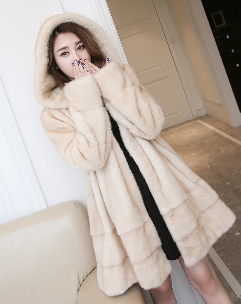 Girls winter new mink coat whole mink hooded jacket and long sections 1009