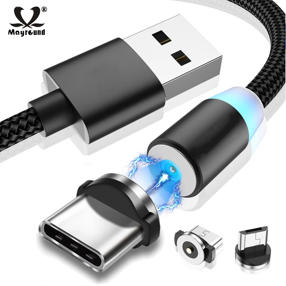 Для Android iPhone huawei 360 ° вращающийся круглый Прочный Магнитный светодиодный кабель Micro USB type C для быстрой зарядки нейлоновый плетеный провод для зарядки