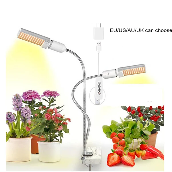Светодиодный светильник для выращивания растений с регулируемой яркостью, полный спектр для внутреннего рассады, растительного цветка, лампа с таймером, usb-разъем, фитолампа - Испускаемый цвет: 2 head lamp set