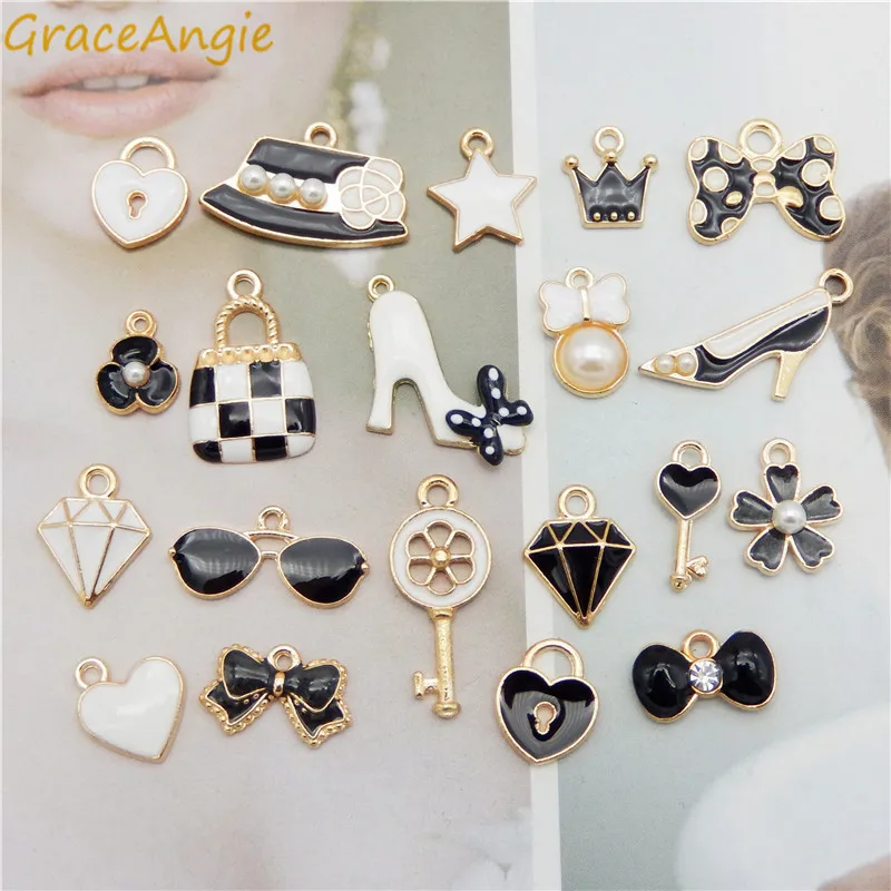 20pcs/pack Mix Black Wjite Charms Bow Heart Bag key crown star sunglass hat flower highheel shoes alloy pendant diy Earrings TOP | Украшения