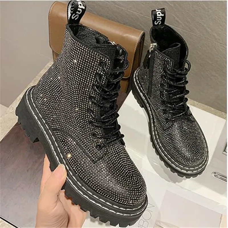 

New Punk Gothic Style Lace up Platform Ankle Boots Bling Rhinestone Women Martin Boots Campus Sweet Student Shoes mujer zapatos