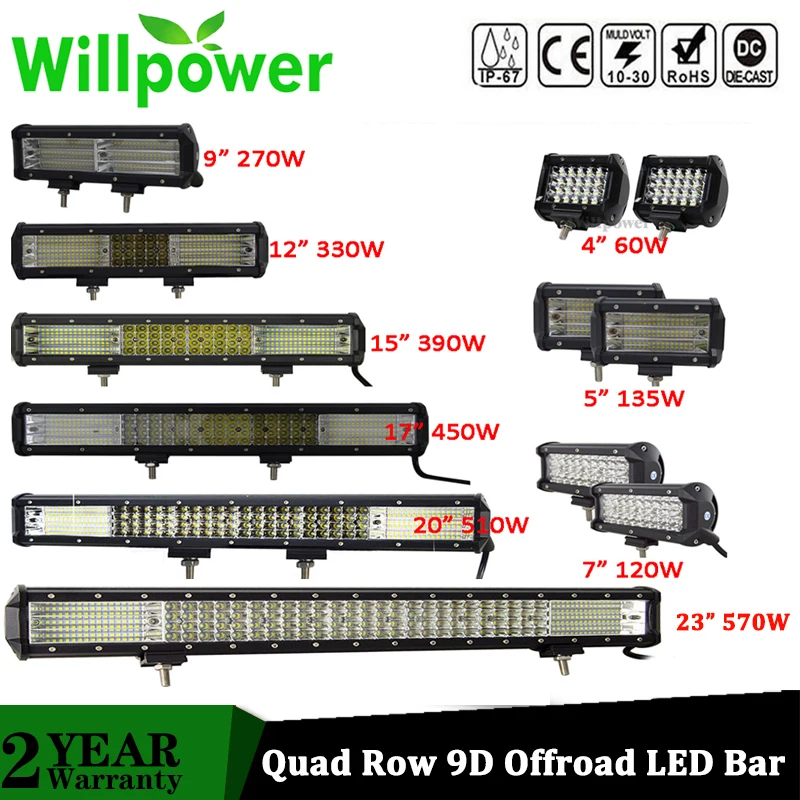 Forza Di Volontà 4-23 Pollici Quad Fila Led Light Bar 60W 120W 330W 390W 450W 510W 570W Per 4X4 Off Road Truck Suv Atv Barca Auto 4Wd 12V 24V