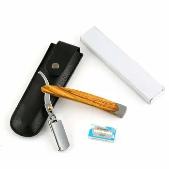 

Anbbas Straight Edge Razor Folding Shaving Shavette Razor with Solid Olive Wood Handle Black Quality Artificial Leather Pouch