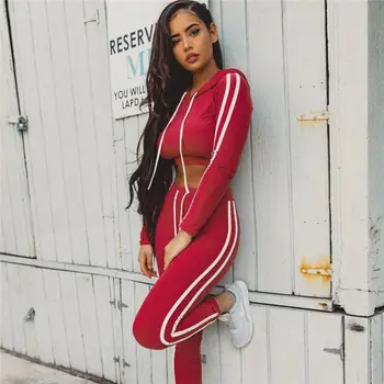 

2019 Fashion Classic 2Pcs Womens Autumn Hoodies Sports Tops Pants Tracksuit Sweatshirt Sweat Suit Sports suit Robe Femme Lace up