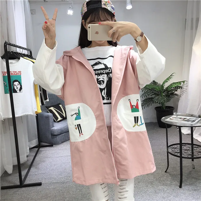 

2019 Spring New Style Contrast Color Pocket Printed Light Jacket Women's Mid-length Hooded Korean-style Loose-Fit Trench Coat
