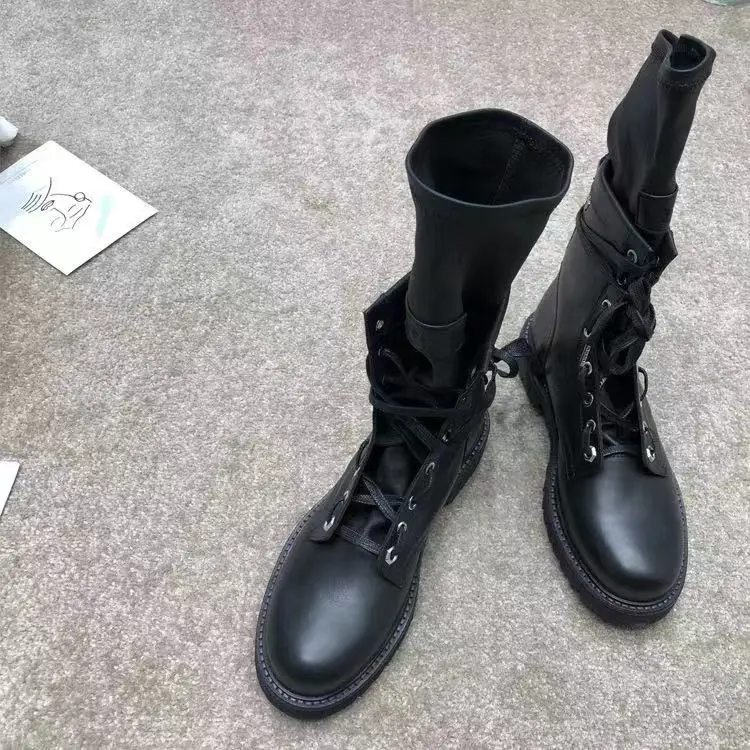 

Hot Cow LEATHER Women Boots 2019 New Autumn Fashion Women Boots Black Lace Up Zip Round Toe Med Heel Boots Shoes Woman