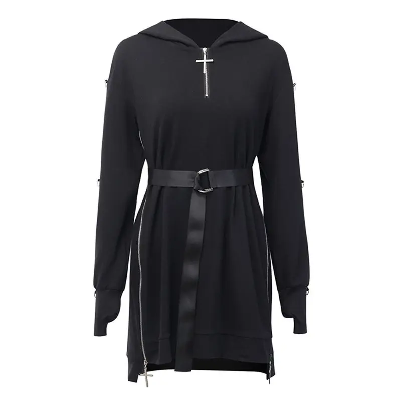 

Gothic Oversized Hoodie Women Belt Split Loose Black Hooded Sweatshirt Long Sleeve Goth Casual Punk Style Kpop 2019 Winter Hot
