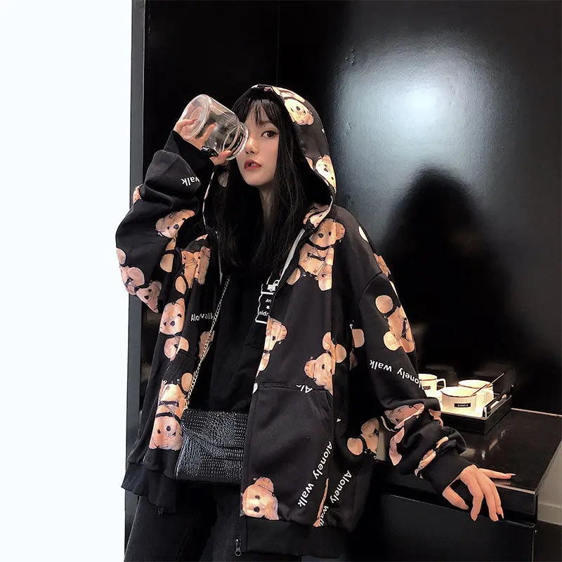 

2020 Spring New Woman Billie Eilish Little Bear Harajuku Hooded Hoody Loose Hip Hop Sweatshirt Hoodies Zipper Coats Kpop