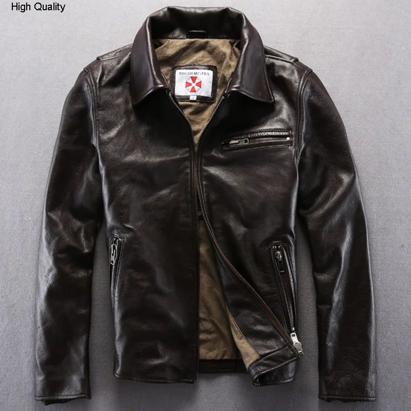 

dark brown genuine turn down collar real cowskin solid wind jacket male casual zipper leather coat men