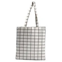 New Fashion Women Canvas Plaid Eco Reusable Shopping Tote Bag Plaid Canvas Shoulder Bag Black White Foldable Handbag