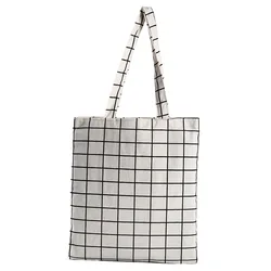 New Fashion Women Canvas Plaid Eco Reusable Shopping Tote Bag Plaid Canvas Shoulder Bag Black White Foldable Handbag