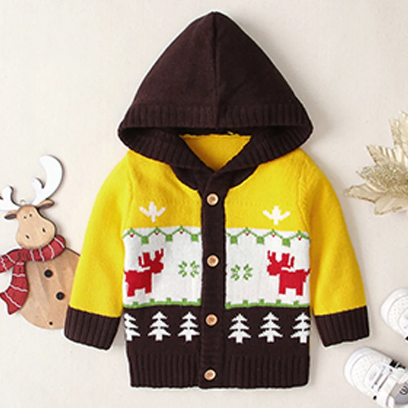 Рождественская куртка-кардиган для маленьких мальчиков и девочек Новинка осени года; рождественское пальто для малышей Высококачественная детская одежда с капюшоном и рисунком