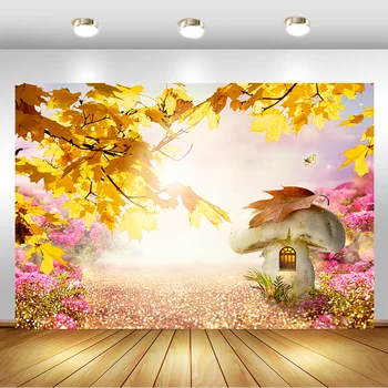 

Autumn Fallen Leaves Backdrop Yellow Maple Dots Light Bokeh Baby Portrait Photography Background Mushroom House Photo Background