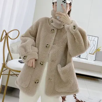 

Women 2020 Winter Real Wool Fur Casual Loose Warm Coat Female Granular Sheep Sheared Overcoats Natural Lambswool Outerwear A23