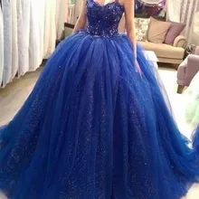Бальное платье Королевского синего цвета пышные платья на бретельках с рукавами-спагетти Милая 16 платье для выпускного вечера с блестками на заказ