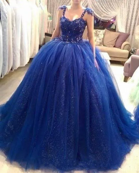 

2019 Royal Blue Ball Gown Quinceanera Dresses Straps Spaghetti Cap Sleeves Sweetheart Sweet 16 Sequins Prom Dress Custom Made