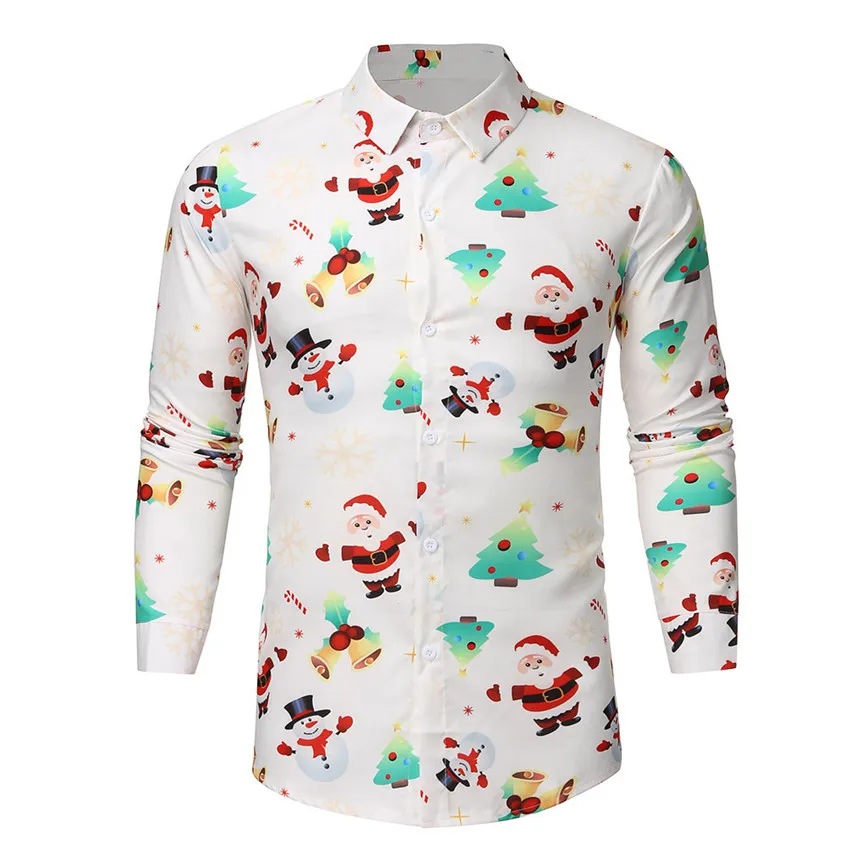Camisa Masculina, мужская повседневная Рождественская рубашка с принтом снежинок Санты, конфет, топ, блузка, Chemise Homme Noel, мужская рубашка с длинным рукавом
