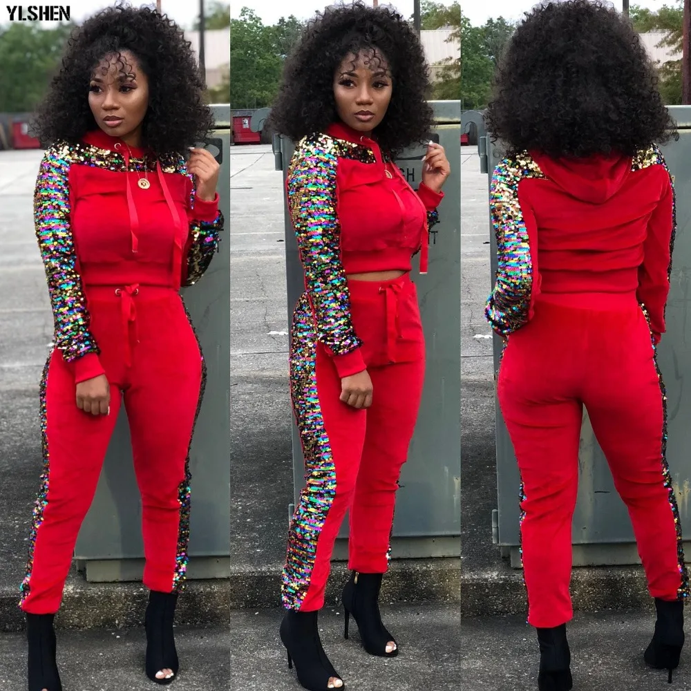 2 Two Piece Set Velvet Tracksuit Women Sexy Sequins Jogging Femme Plus Size Long Sleeve Tops +Pants Sweat Suits Matching Sets 02
