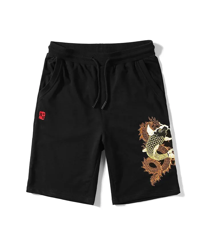 Хлопок модный тренд Карп вышивка Свободные повседневные спортивные мужские шорты