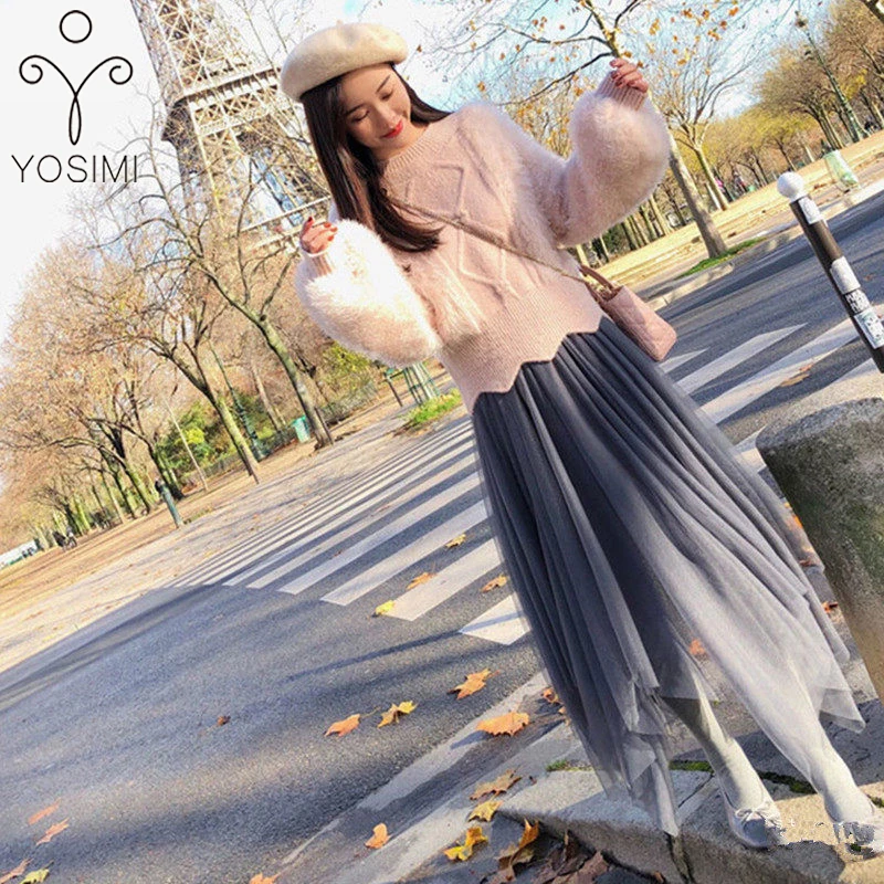 

YOSIMI 2019 Autumn Winter Women Two Piece Outfits Loose Cotton Full Sleeve O-Neck Pullover Sweater and Mesh Skirt Elastic Waist