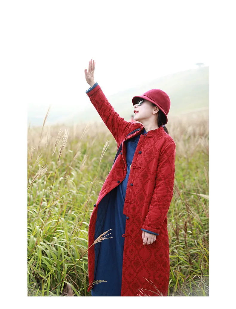 LZJN 2019 Winter Jacket Women Stand Collar Quilted Overcoat Long Chinese Parka Jacquard Autumn Coat Pocket Winterjas  (21)