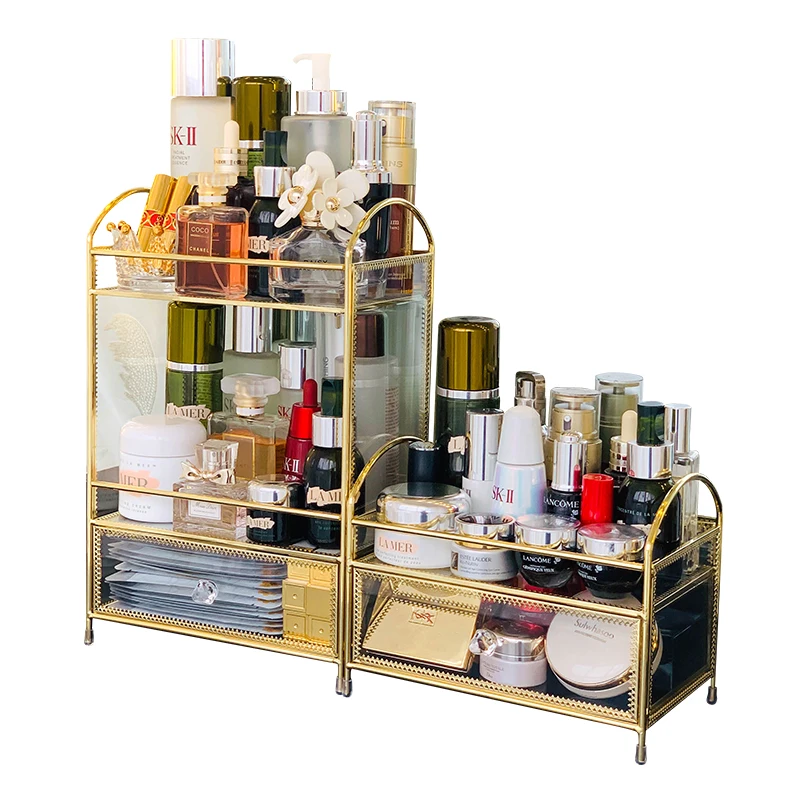 New Arrival Gold Glass Clear Makeup Organizer Perfume Lipstick Cosmetic Storage Display Box Case Stand Rack Holder Organizer